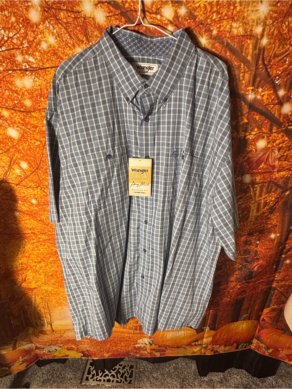 NWT-Wrangler Men’s Blue -White Checked Button-Down Shirt Short Sleeve XXL